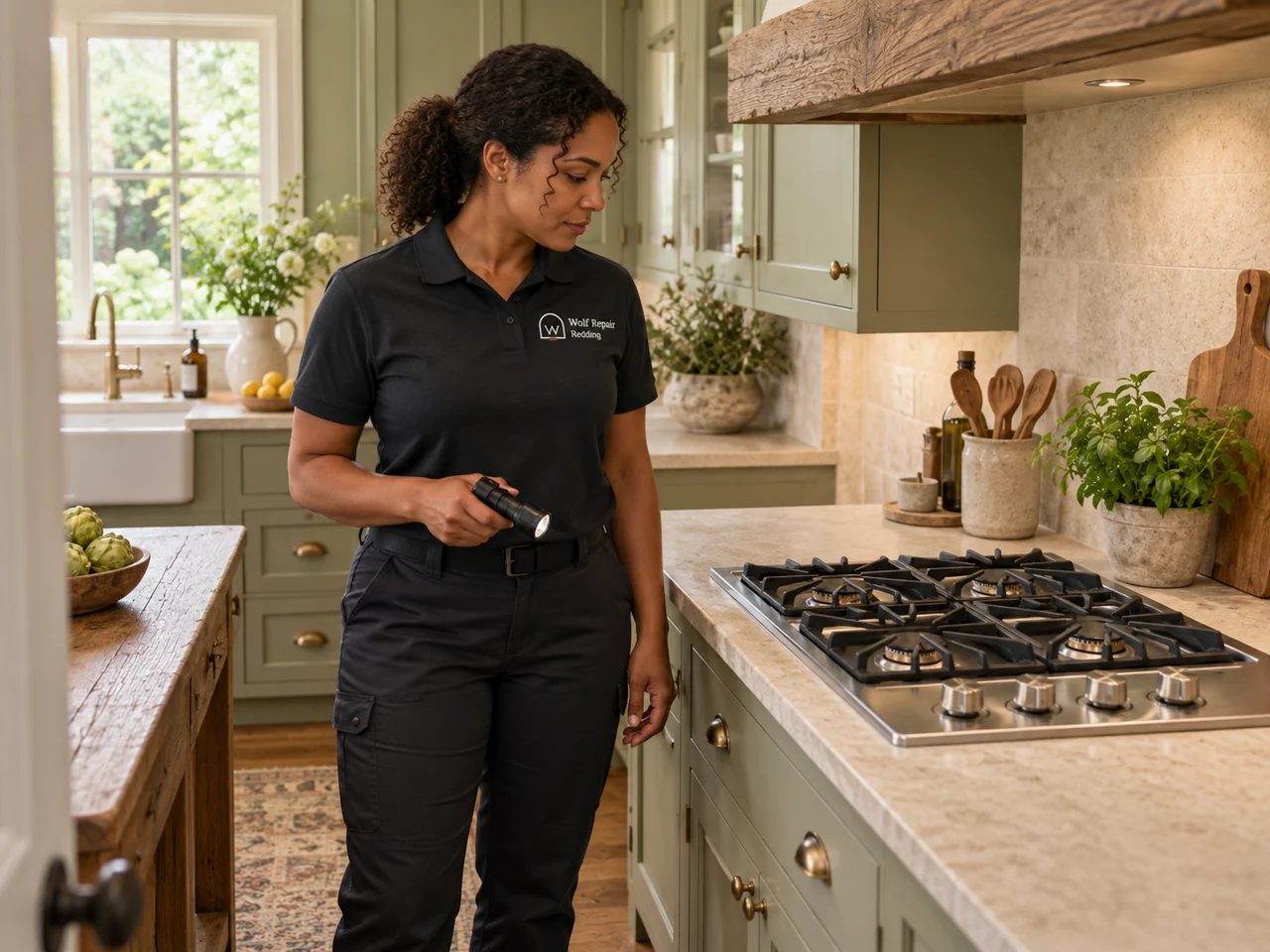 Illustration of a technician wearing the Wolf Repair Redding logo beside a Monogram cooktop